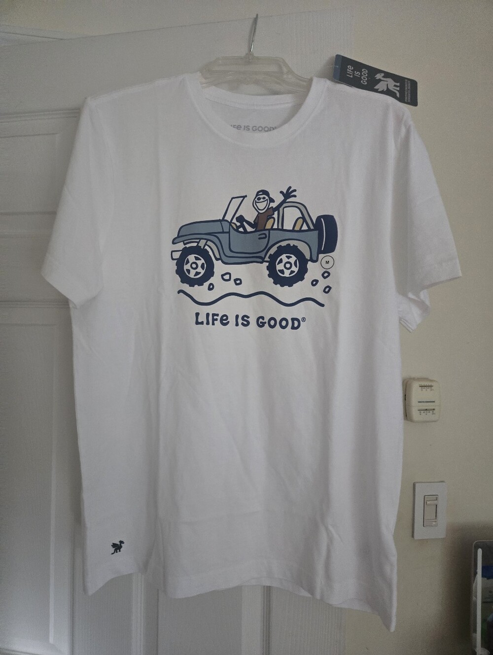 Life Is Good White Tee with Blue Jeep Graphic